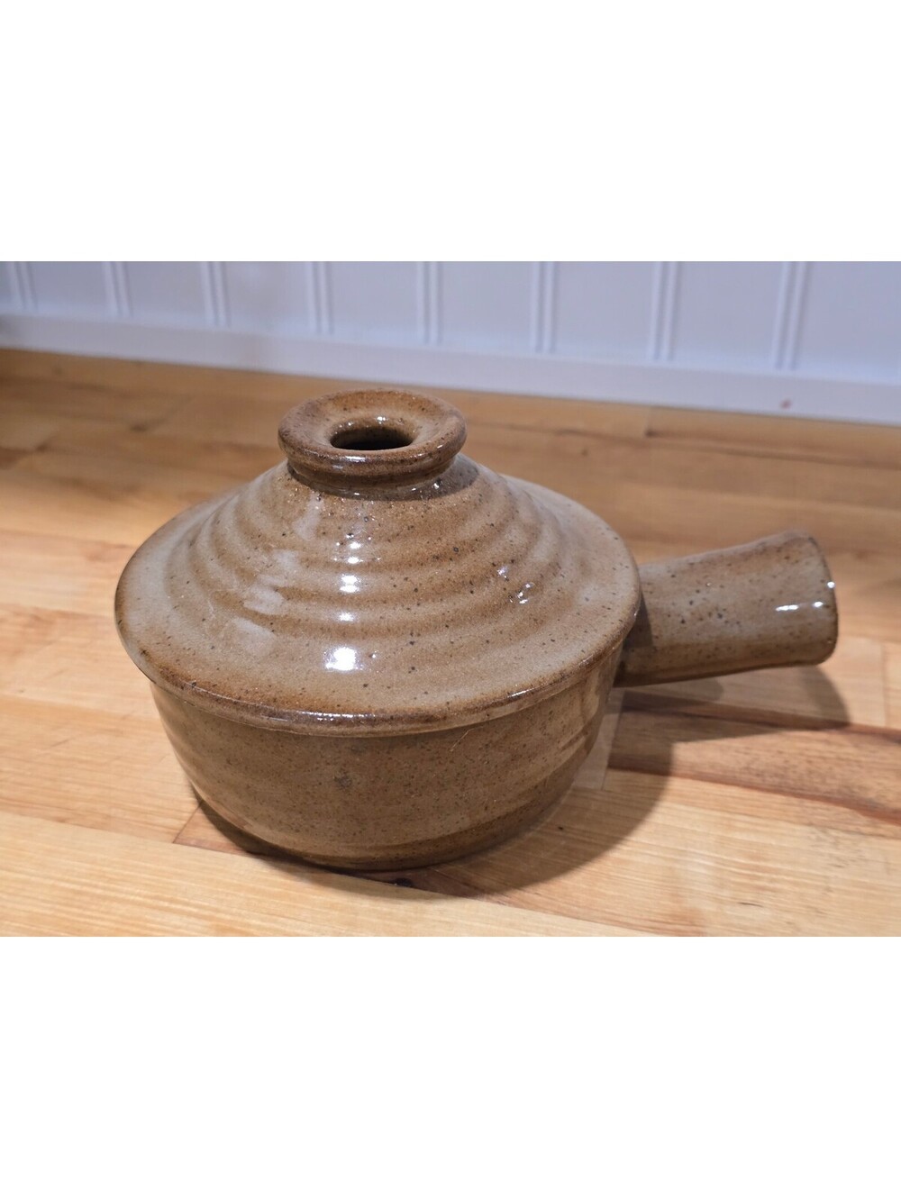 Vtg Brown Speckled Stoneware Pottery French Onion Soup Bowl Crock w/ Vented Lid